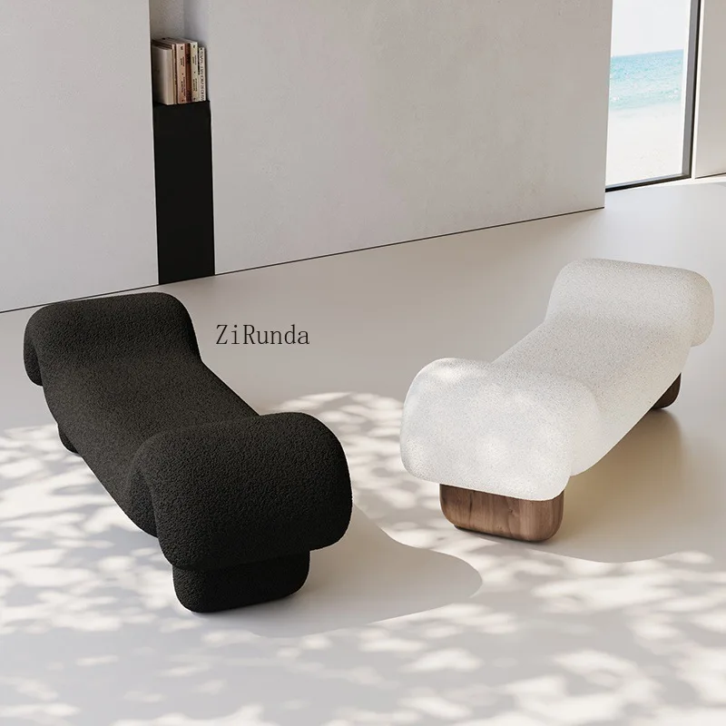 Wabi-sabi style wooden small apartment designer creative sofa Italian simple granular velvet entrance shoes bedside stool