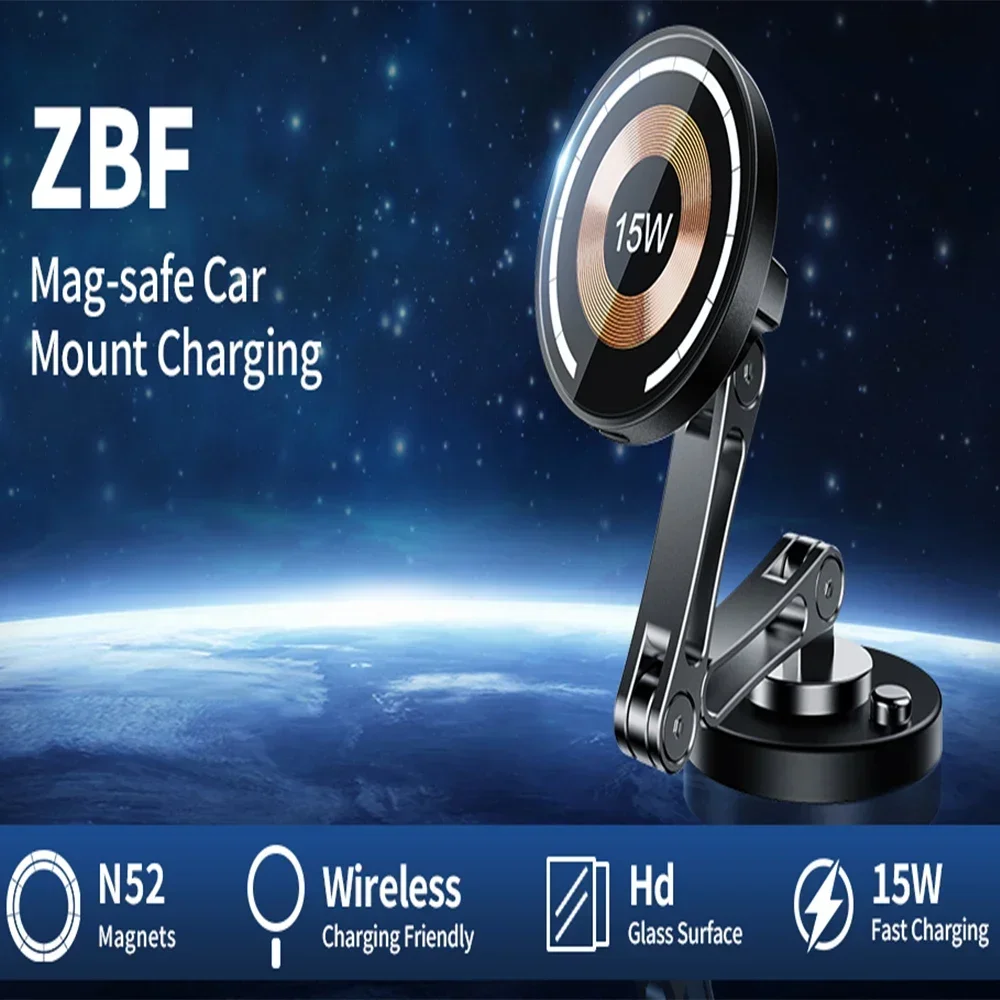 15W Magnetic Car Phone Holder Mount Wireless Charger Fast Charging Rotation Magnetic Car Phone Stand for IPhone 16 15 14 13 12