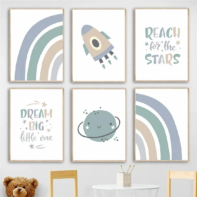 

Rocket Planet Rainbow Dream Quotes Wall Art Canvas Painting Nordic Posters And Prints Cartoon Wall Pictures For Kids Room Decor