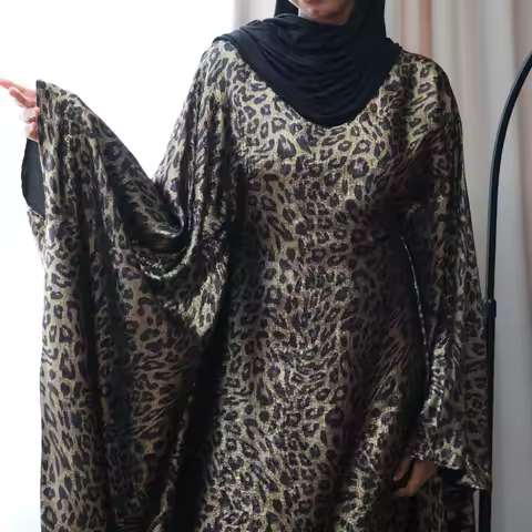 Leopard Print Extra-Loose-Fit Butterfly Kaftan Abaya Dress. Ramadan Eid Evening Party Muslim Women Abaya Dress Islamic Clothing