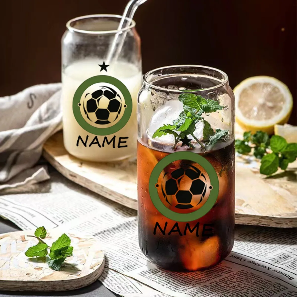 Custom Name Football Shield Crown Glass Iced Coffee Cup, Beer Can Shaped Glass with Bamboo Lid & Straw, Reusable Clear Glass Cup