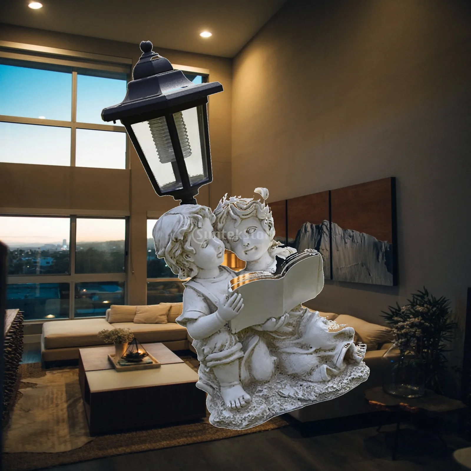Garden Statue Solar Post Lamp Resin Sculpture for Front Yard Multifunctional