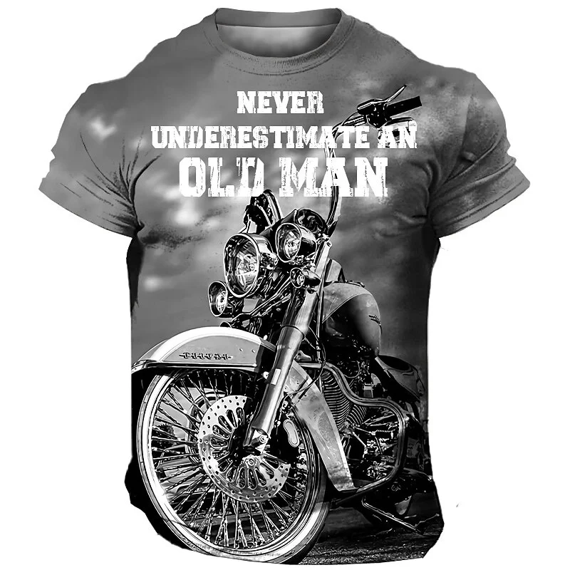 Men's Casual Round Neck Short-sleeve T-shirt with Motorcycle Pattern Print for Daily Wear-