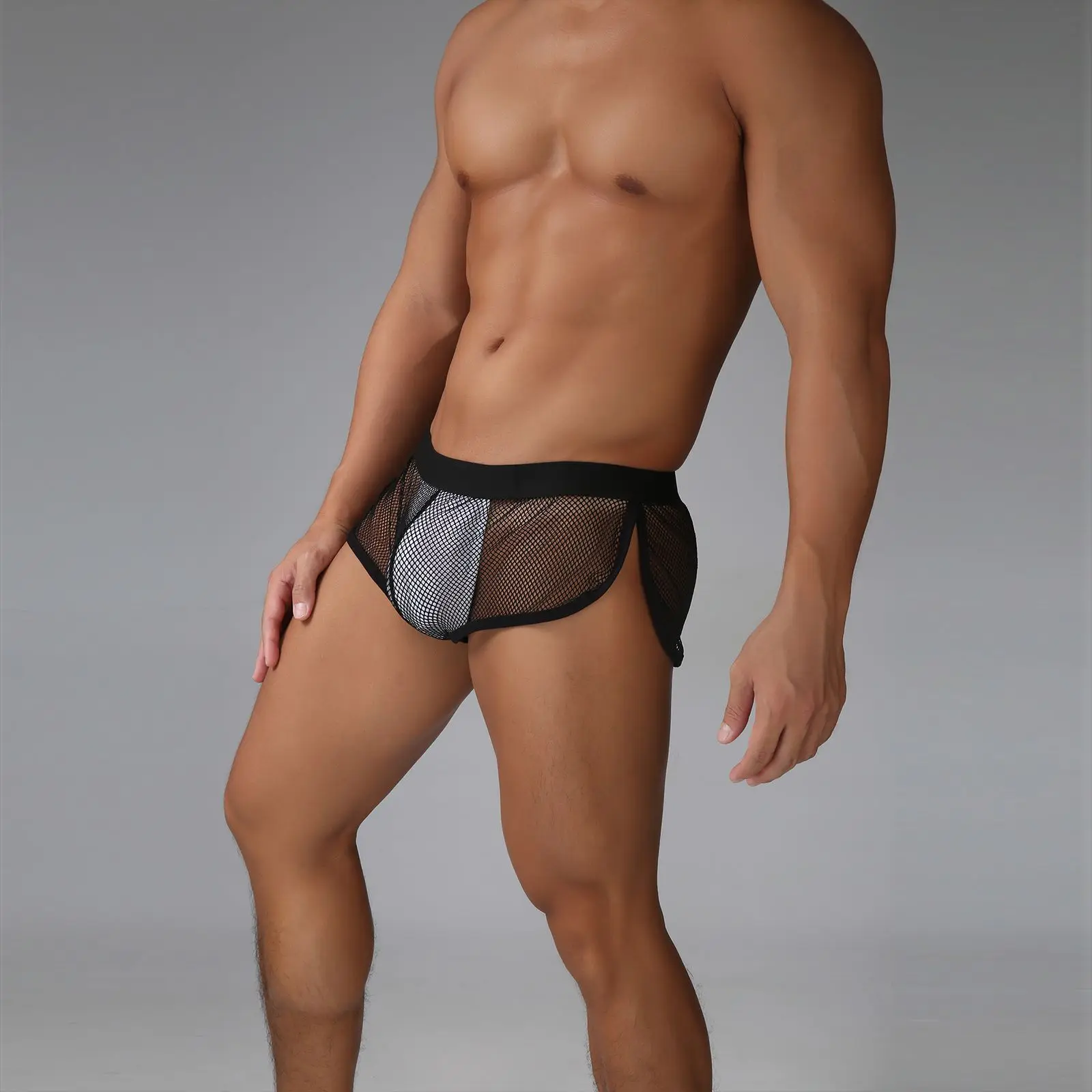 New Men's Sexy Mesh Flat Corner Pants Sports Style Quick Drying Breathable Underwear Split Perspective Tempting U Convex Pocket