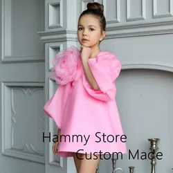 Cute Baby Flower Girl Dress Customized Puff Sleeve Big Flower Round Neck Birthday Party Dresses for Girls Pageant Gown