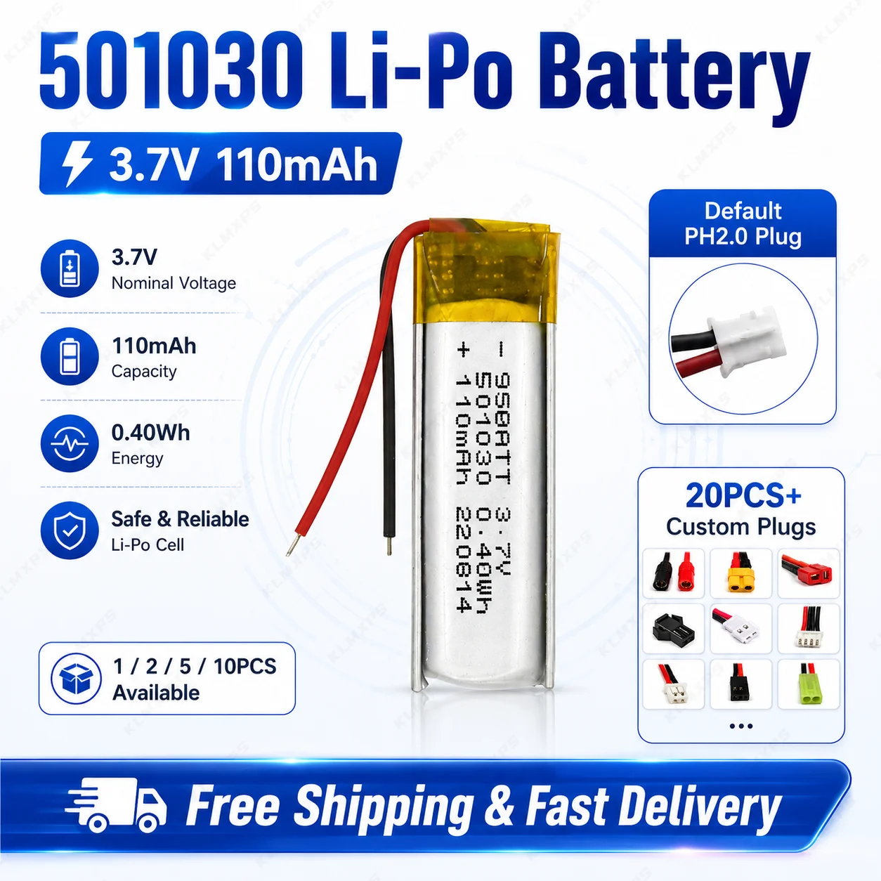 

3.7V 110mAh 501030 Lithium Polymer Rechargeable Battery Replacement For TWS Bluetooth Headsets Induction Pens