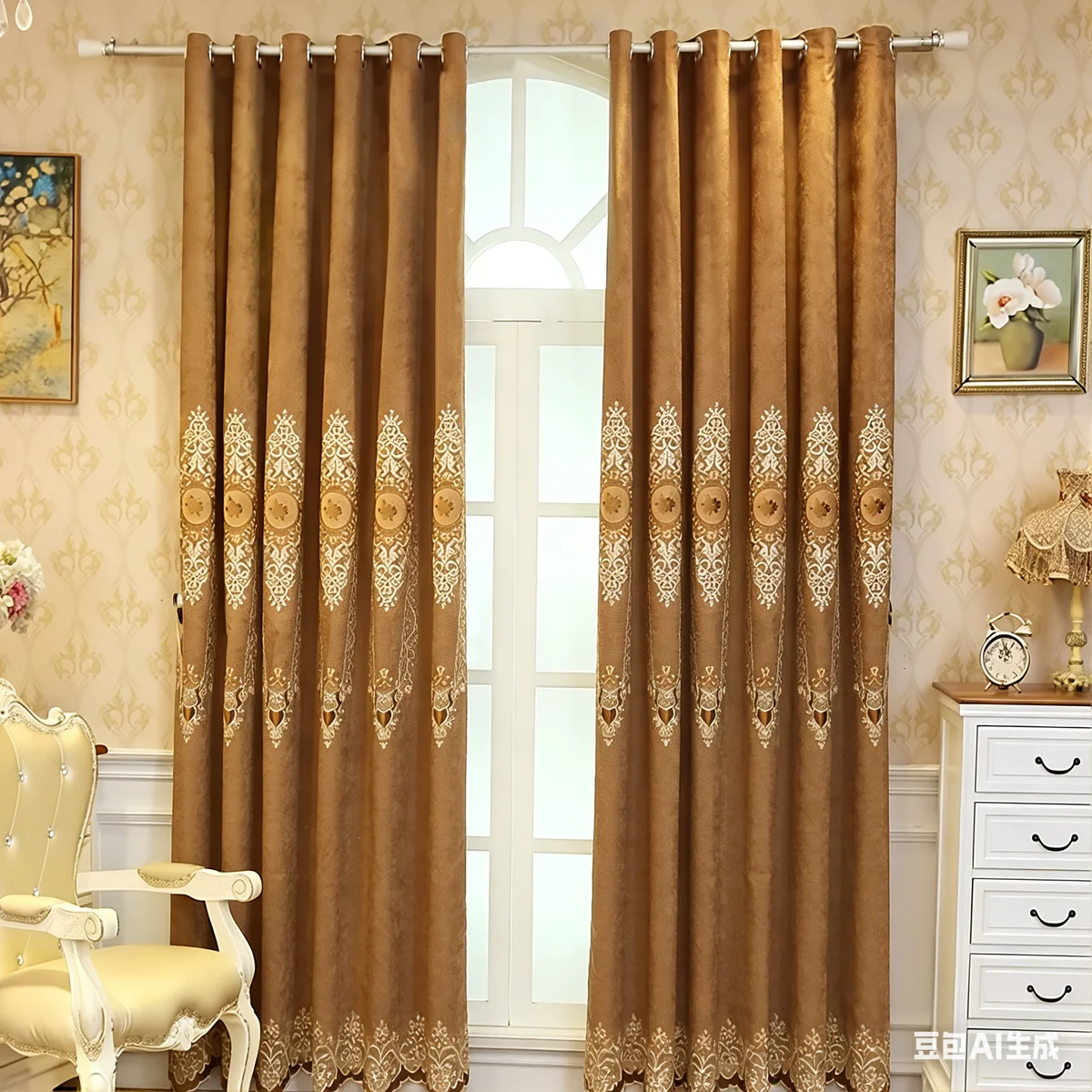 2 Panels European Floral Embroidery Blackout Curtains, Coffee Vintage Lace Embroidered Grommet Drapes, Thermal Soundproof Window Curtains for Bedroom Living Room Home Decor