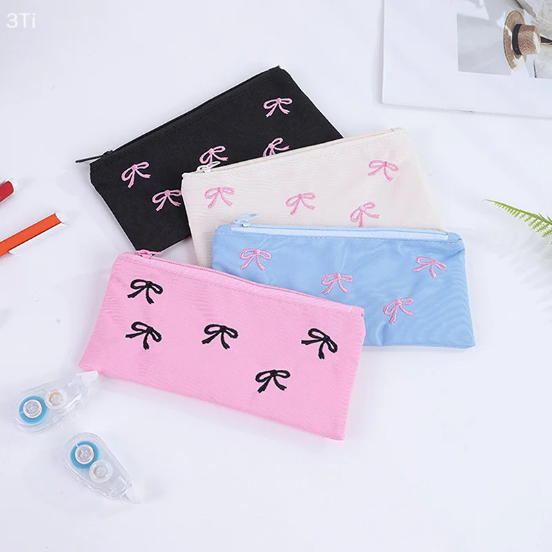 Cute Sweet Bow Pen Case Cosmetic Bag Girl Portable Coin Purse Sanitary Bag Portable Sundries Storage Bag Student Stationery Gift