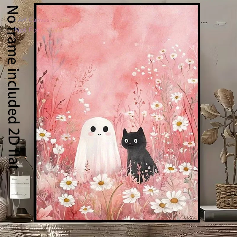 2D Flat, 2D Flat, A Decorative Canvas Painting Featuring a Cute Ghost And a Black Cat Among Pink Flowers, a Dreamy And Romant