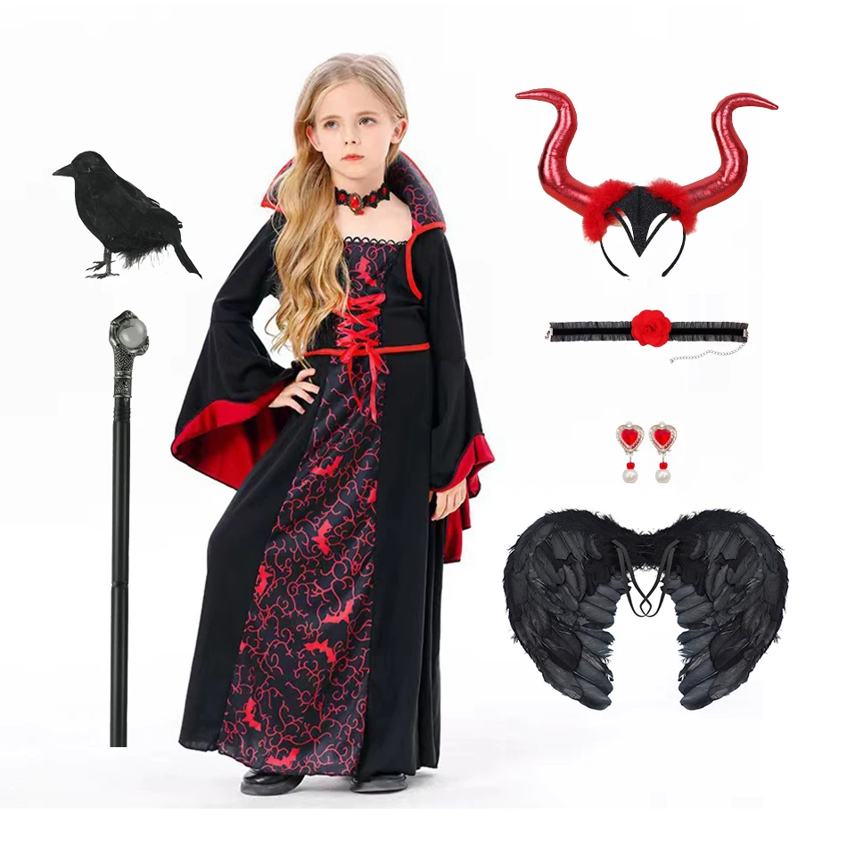 Kids Wich Costume Set Red Horn Headdress Black Feather Wings Long Dress with Red Accents Magic Staff Accessories for Halloween