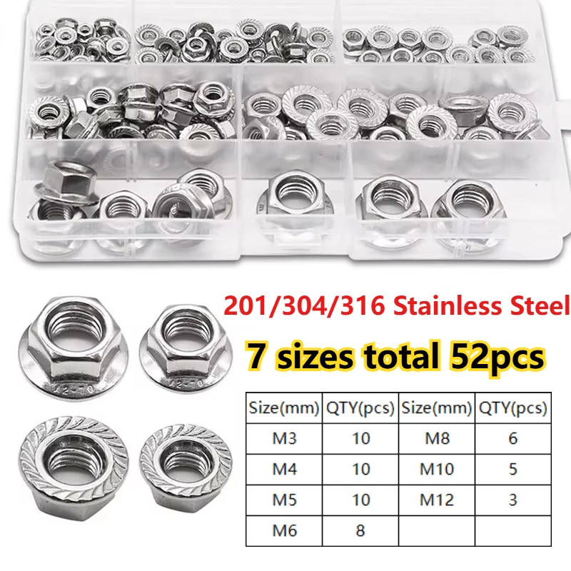 52pcs M3 M4 M5 M6 M8 M10 M12 201/304/316 Stainless Steel Hex Hexagon Flange Nuts Serrated Spinlock Nut Lock Nut Assortment Kit
