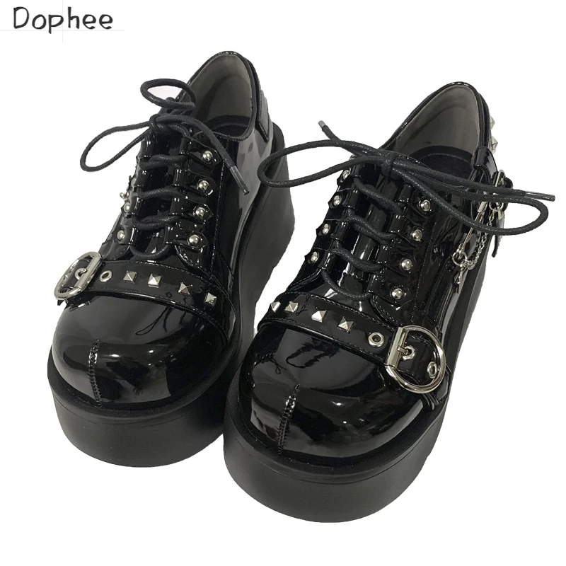 

Dophee Spice Girls Thick Soled Shoes Heighten Round Head Cute Lolita Shoes Y2K Punk Platform Shoes Metal Rivet PU Short Boots