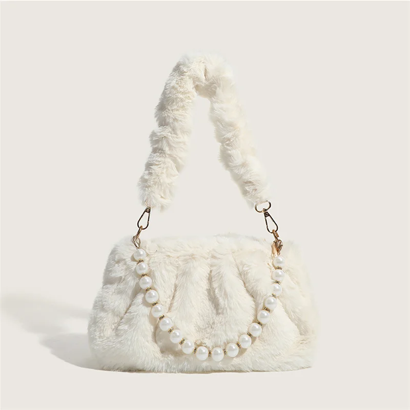 

2023 New Women's Fur Bag Luxury Pearl Chain Artificial Fur Underarm Bag Fashion Plush Handbag Charming Women's Designer Fur Bag