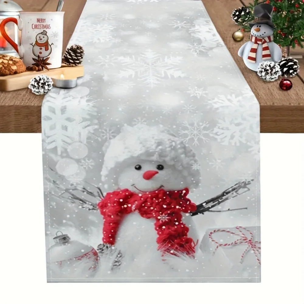 Weihnachts-Schneemann-Tischläufer – festliche Schneeflocken-Muster, waschbare Feiertags-Tischdecke für die Winter-Essdekoration