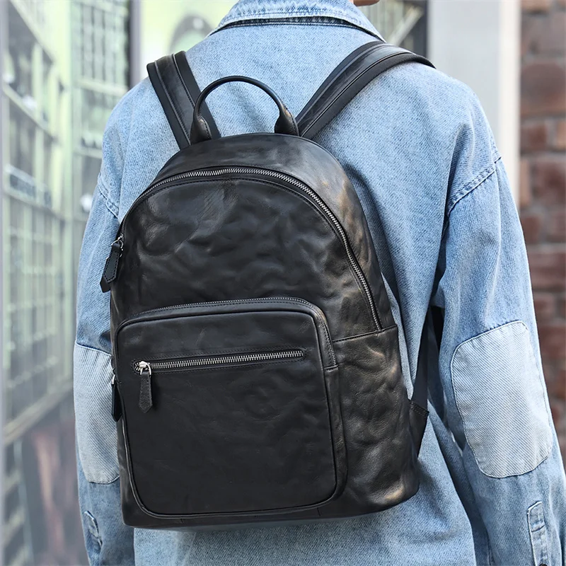 

Highend A4 Vintage Black Vegetable Tanned Top Grain Genuine Leather 14'' Laptop Women Men Backpack Cowhide Travel Bag M6754