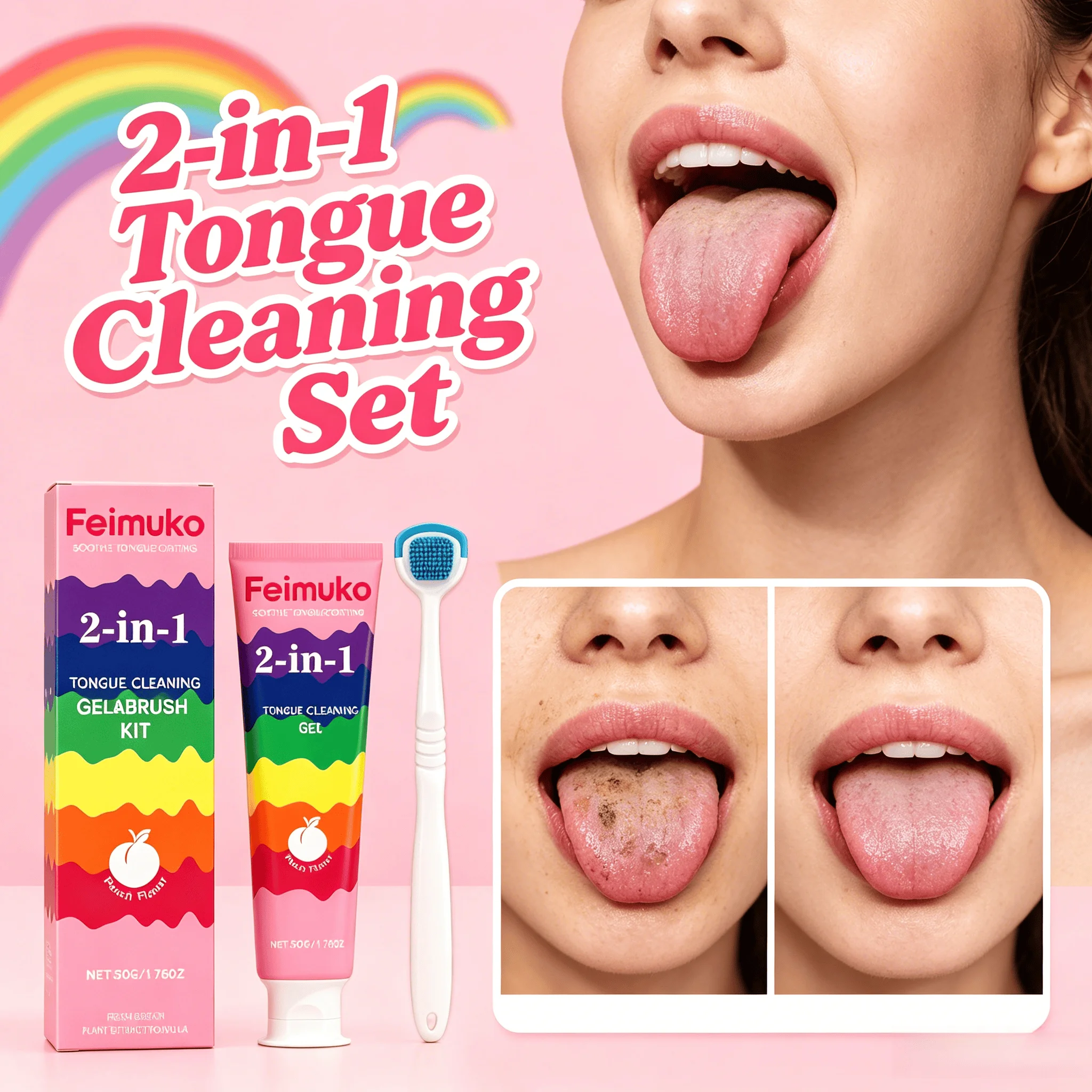 Dual Function Tongue Cleaning Kit Tongue Scraper & Brush Effective Bad Breath Remover Daily Oral Care Accessories