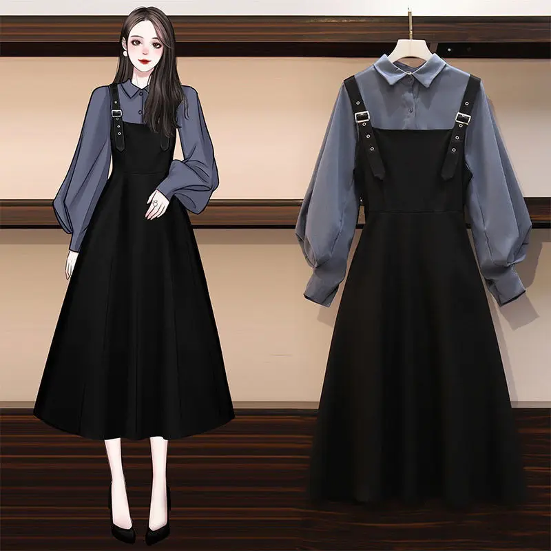 

Spring Autumn Korean New Large Women's Spring Fashion Shirt Top + Black Dress Slimming Two-piece Set