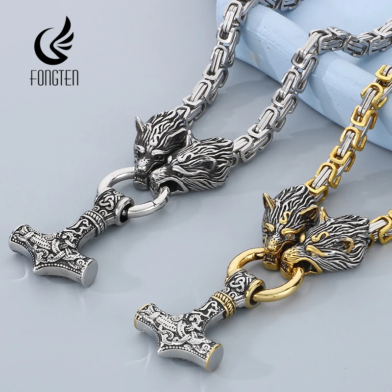 

Fongten Wolf Head Thor's Hammer Pendant Necklace For Men Stainless Steel Box Chain Choker Gold Color Chain Male Neck Jewelry