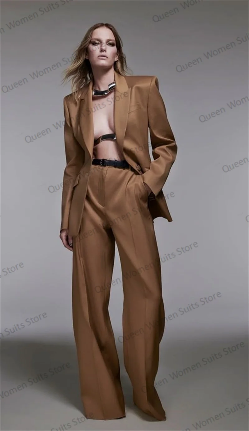 Brown Women Pants Suits Set Loose Blazer+Straight Trousers 2 Pieces Custom Made Sexy V Neck Jacket Office Lady Prom Dress