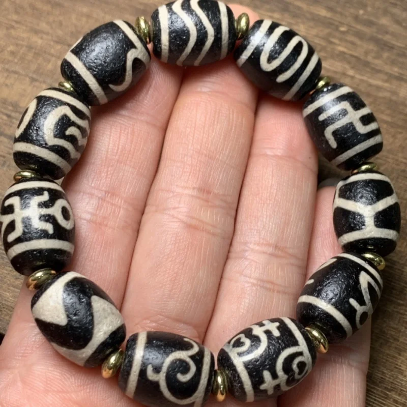 Tibetan Boutique Old Agate Weathering High Oil Coated Pulp Duobao Tibet Beads Bracelet Crafts Black and White Bracelet