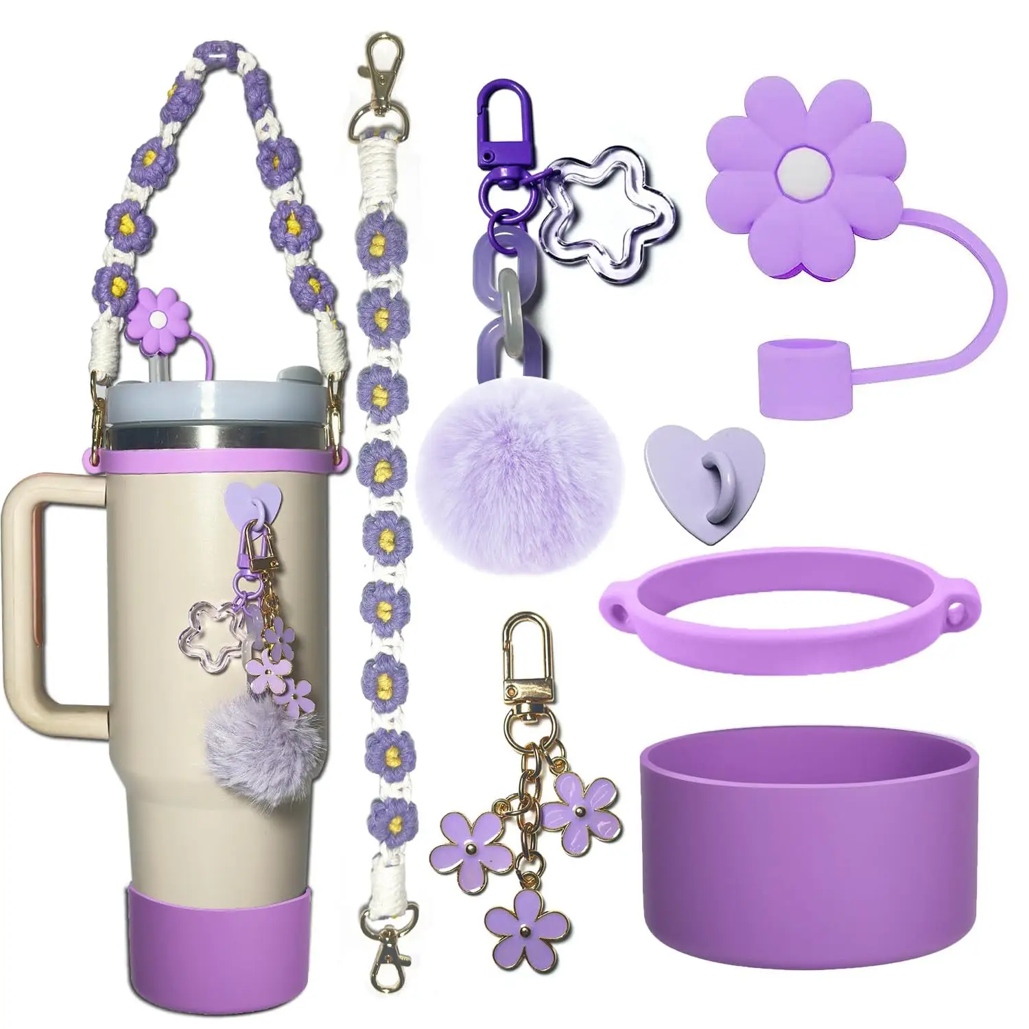 

7pcs/lot bling straw cap case Charm chain pendant Accessories Initial Keychain Handle for Stanley cup bottle Tumbler for Women