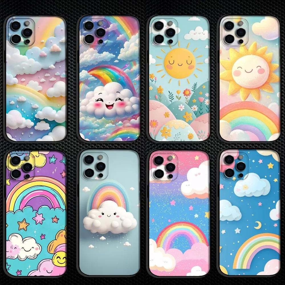 

Lovely Dreamy Rainbow Phone Case For iPhone 16,15,14,13,12,11 Plus,Pro Max, Soft Silicone Black Cover