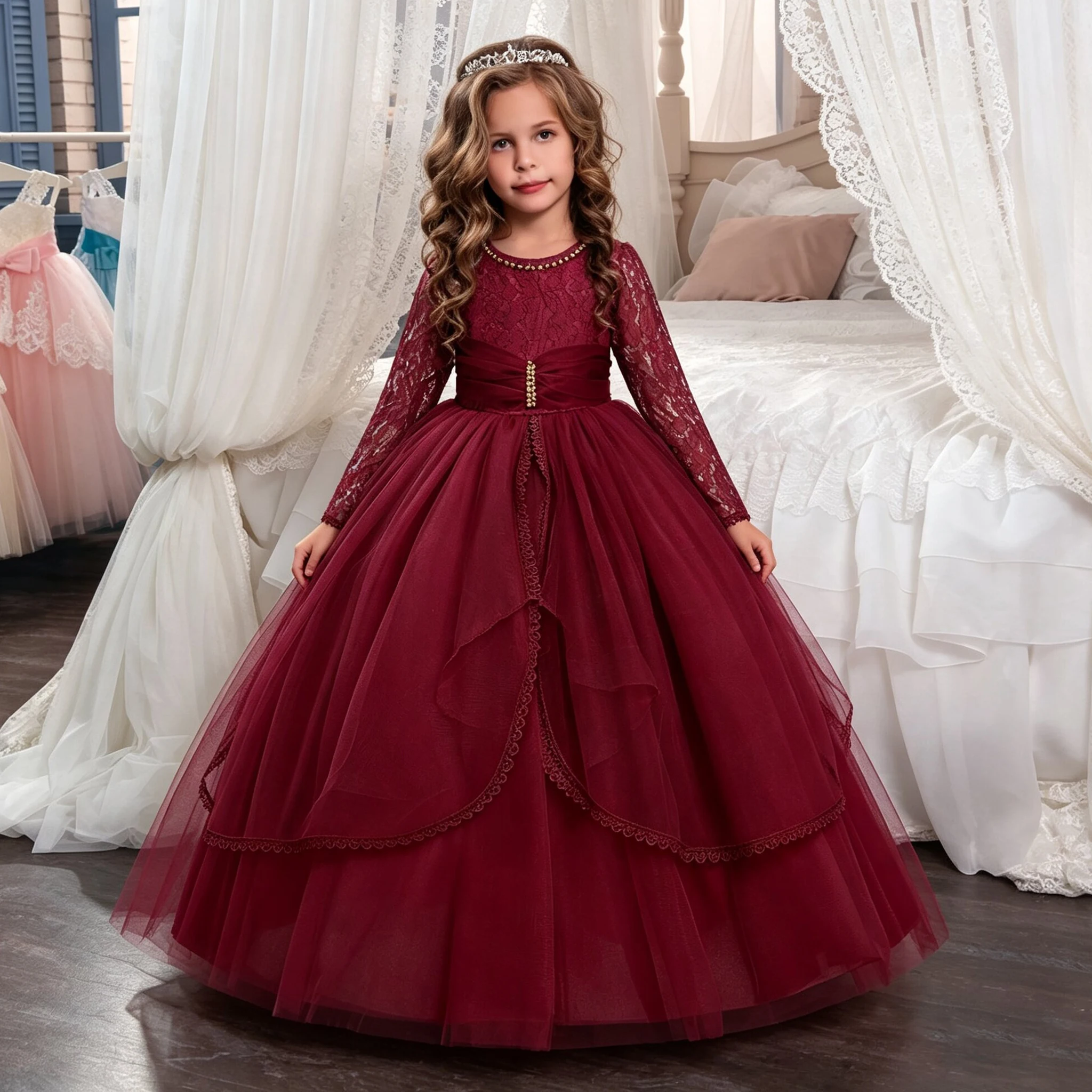Sommerliche weiße Brautjungfernkleider für Mädchen, elegantes Hochzeits-Prinzessinnen-Abendkleid, langärmliges Tüll-Geburtstags-Abendkostüm für Mädchen