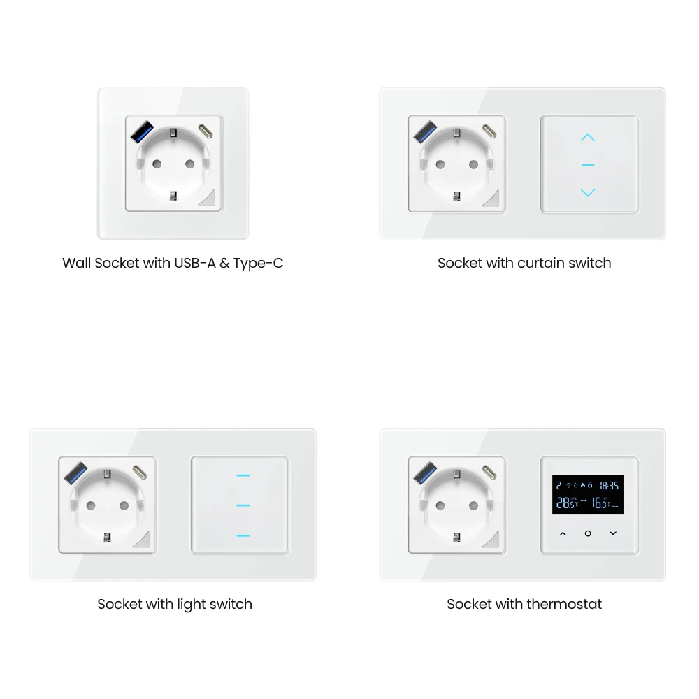 AVATTO Tuya WiFi EU Standard Smart Light Switch Curtain Switch Socket，With USB/Type-C Port,Remote Control With Alexa Google Home