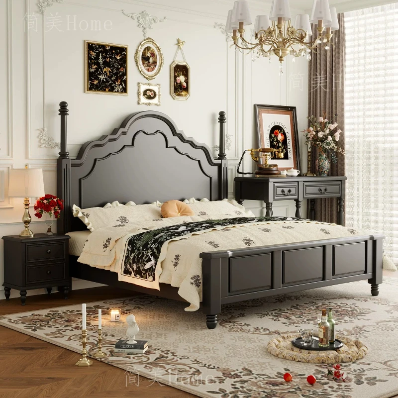 Full Size Wooden Bed Vintage Black Minimalist French Sleeping Bed Bedroom Home Furniture