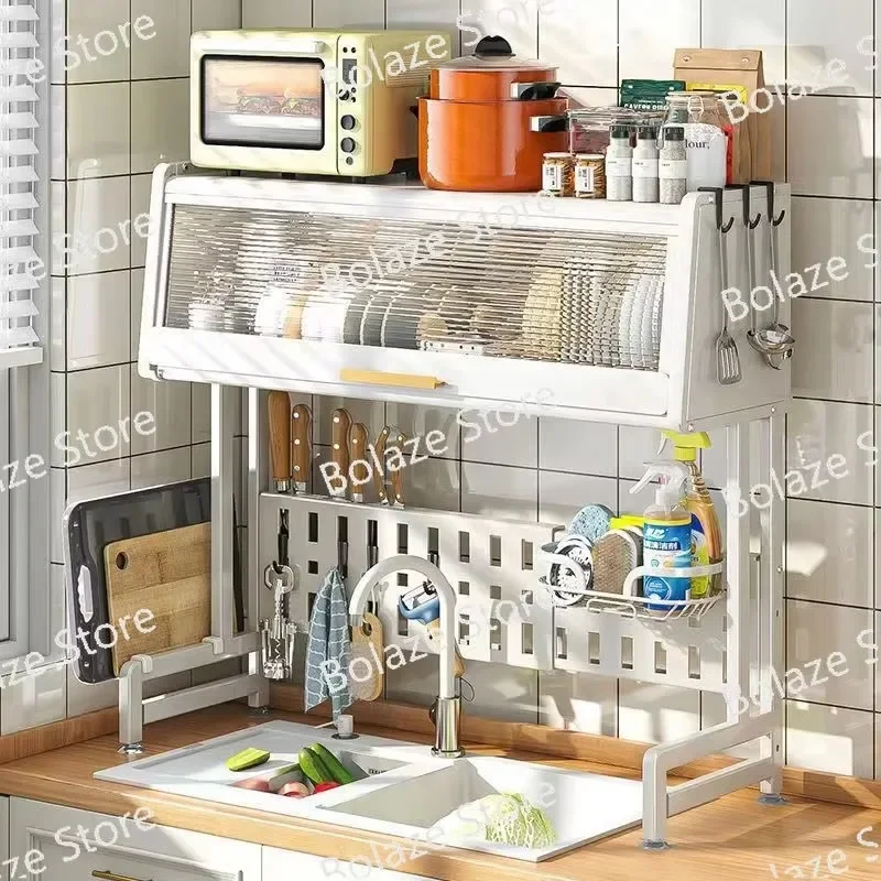 Kitchen Sink Storage Shelf Dish Rack Countertop Retractable Dish with Door Dish Storage Rack Cupboard Locker Draining Rack