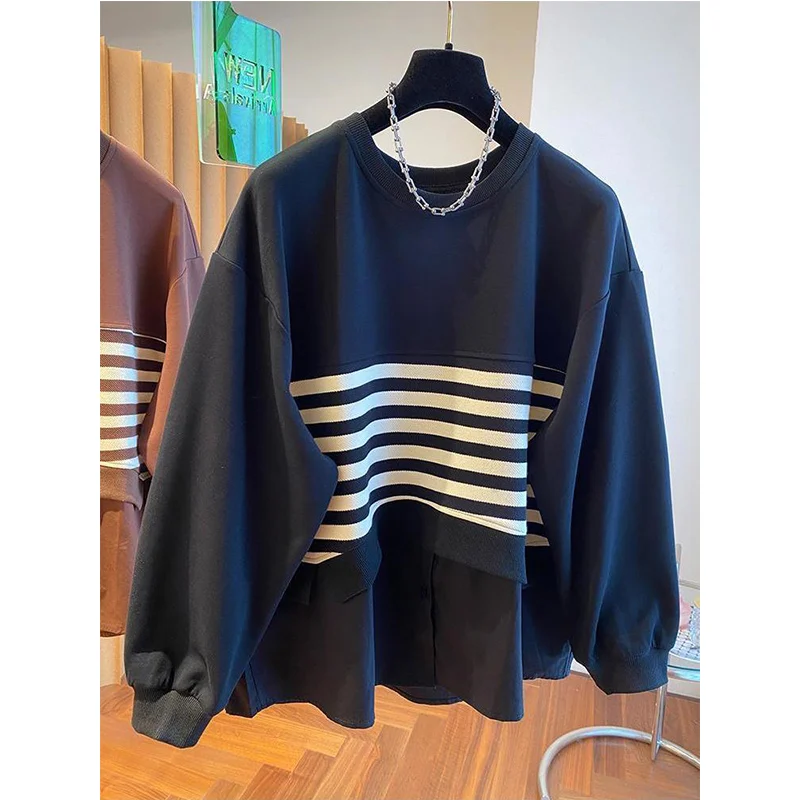 Oversized Loose Casual Women Clothes Patchwork Striped Sweatshirts Female Casual O-neck Long Sleeve T-Shirts Trend Pullovers