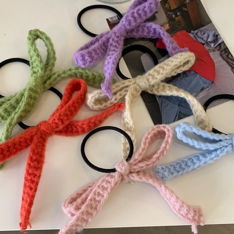 Farbige Woolen Bogen Haar Krawatte Scrunchies Kopfbedeckungen Für Mädchen Korea Süße Gestrickte Band Pferdeschwanz Elastische Haarband Haar Zubehör