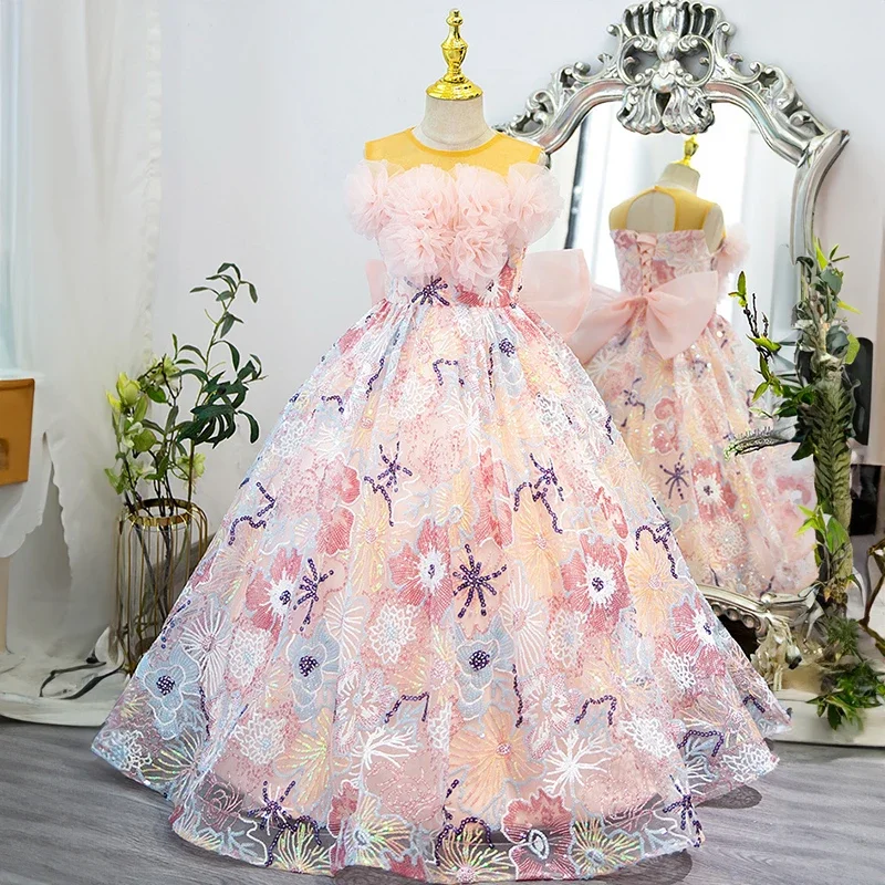 

Flower Girls Luxury Pink Embroidered Dresses for Wedding Birthday Party Evening Long Ball Gowns Formal Kids Cocktail Dress Child