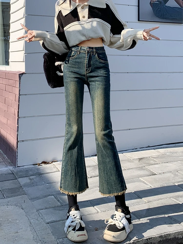 Retro Winter Velvet Ripped High Waist Ankle-Length Jeans Women Korean Fashion Flare Pants Stretch Denim Pants Pocket Trousers