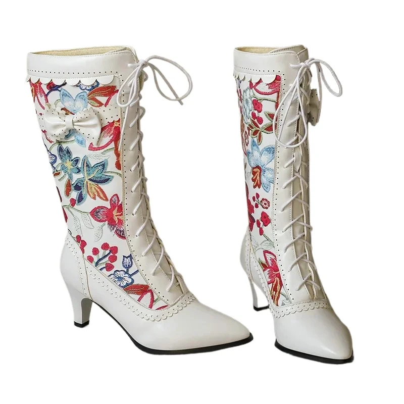 Knee High Boots Women Fashion Flower Print Floral Thick High Heels Cosplay Lace-up Pointed Toe Boho Stly Cross Tied Long Boots