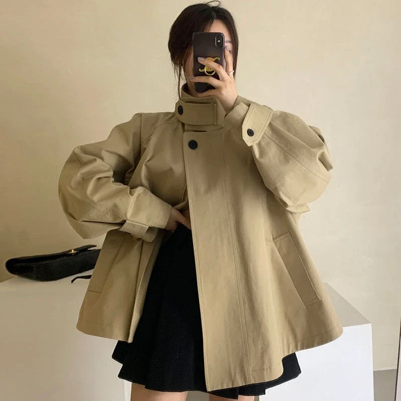 

2025 Women Trench Jacket Korean Vintage Niche Stand Collar Two-button Design Loose Casual Long Sleeve Trench Jacket Female