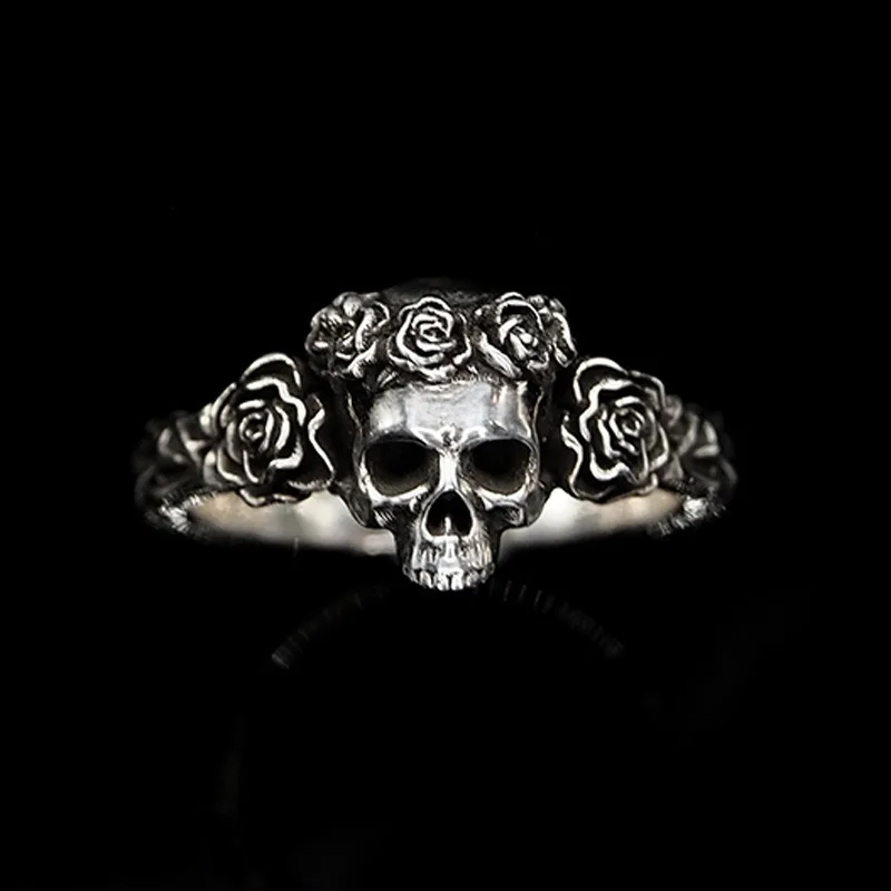 Unisex Gothic Open Adjustable Ring, Dark‑Style Black Rose Skull Statement Finger Jewelry, Cool Edgy Accessory for Daily  Wear
