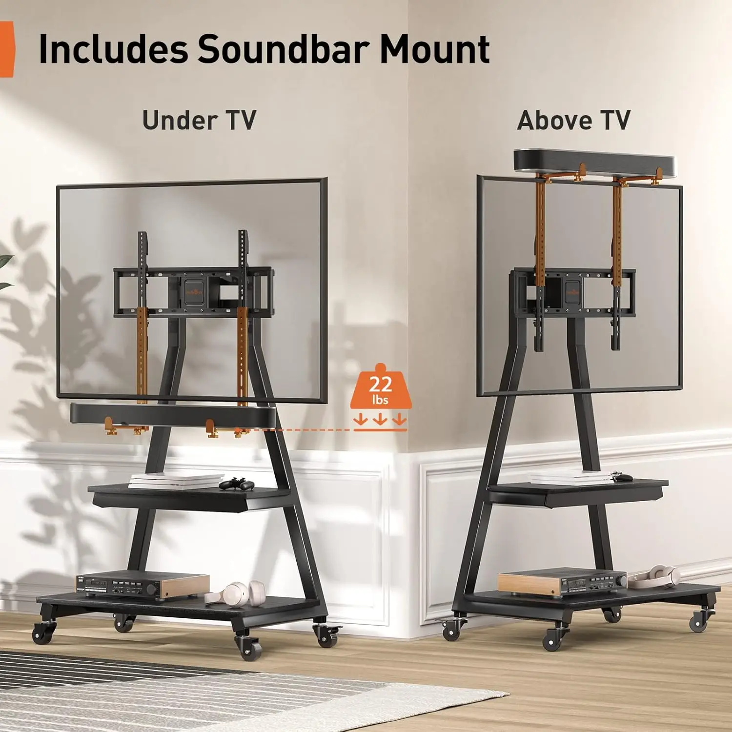 Mobile TV Stand with Soundbar Mount, Rolling Floor TV Stand with Wheels for 43-83