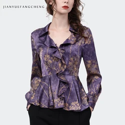 Luxury Women Long Sleeve V-Neck Purple Satin Printed Shirt 2022 Autumn New Elegant Slim Ruffles Tops Fashion Casual 90s Blouses