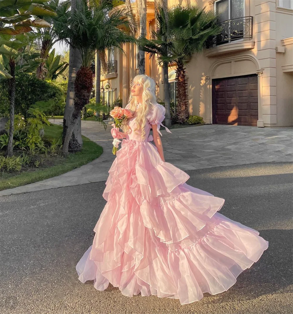 Jessica Pink Princess Prom Dress Ruffle Layered Evening Dresses Formal Occasions Graduation Gown Sweet Birthday Party Dresses