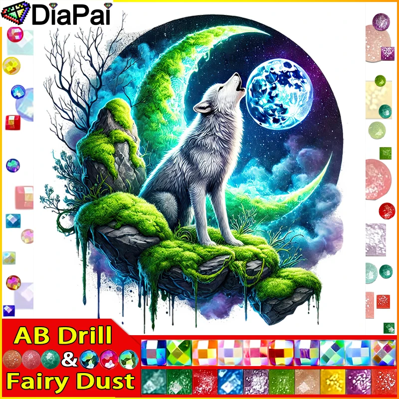 DiaPai Fairy Dust AB Diamantgemälde „Wolf Moon“ 5D DIY Diamantstickerei Vollquadrat/Rund Strass des Bildes
