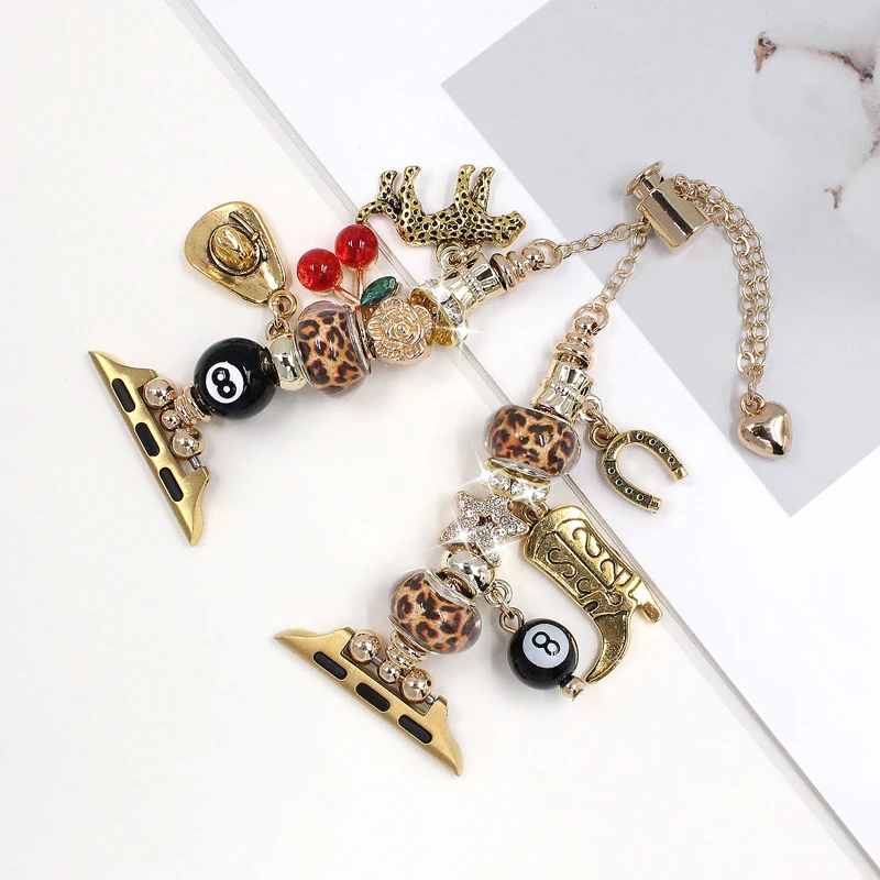 Leopard Print Beaded Bracelet for Apple Watch Band 40mm 44mm 45 41 42 49 38 DIY Metal Chain Strap for Iwatch 11 10 9 8 7 Pendant