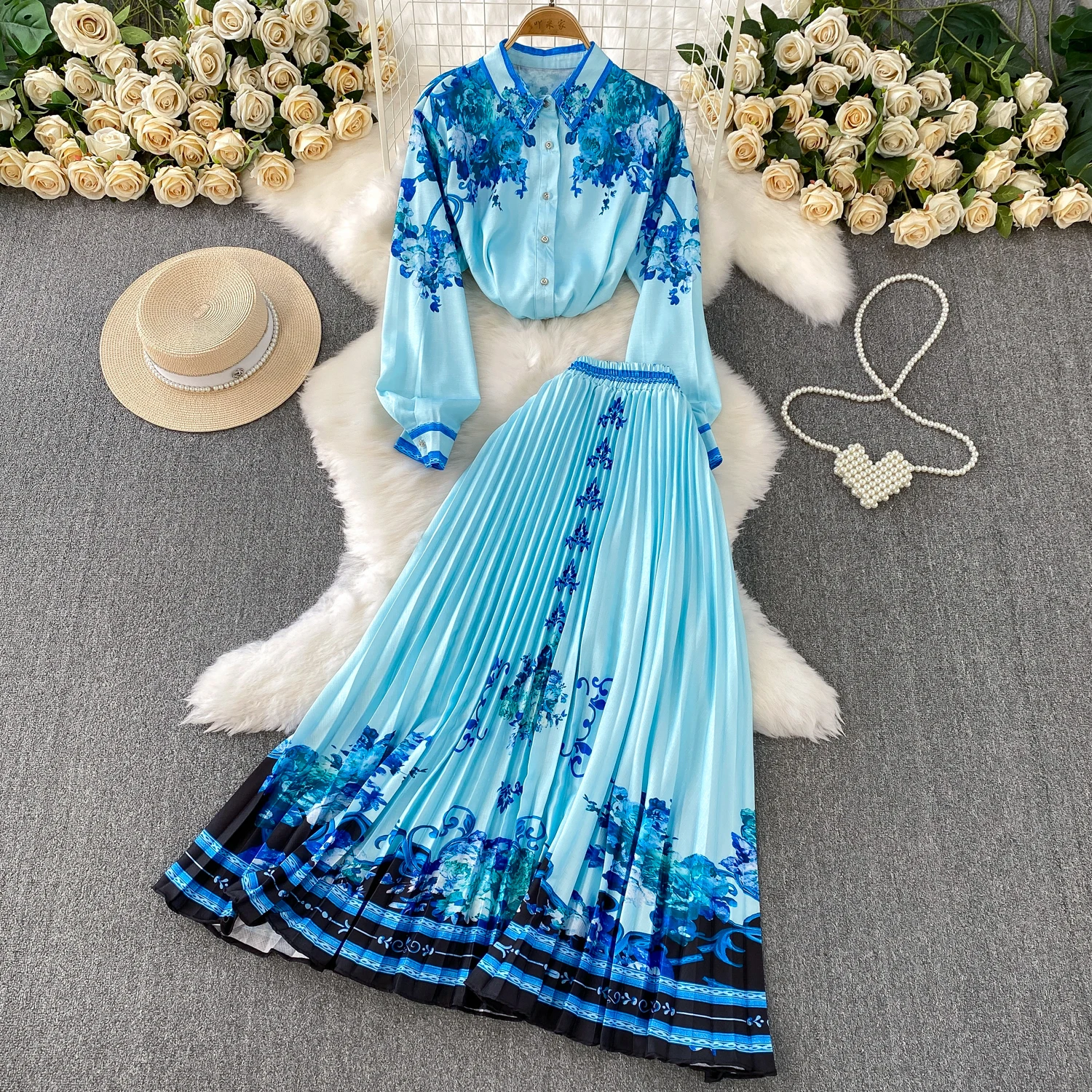 

Весенне-летняя юбка с принтом, комплект из двух предметов, рубашка с длинными рукавами и лацканами, плиссированные юбки, костюм, американская мода, женские комплекты в стиле ретро