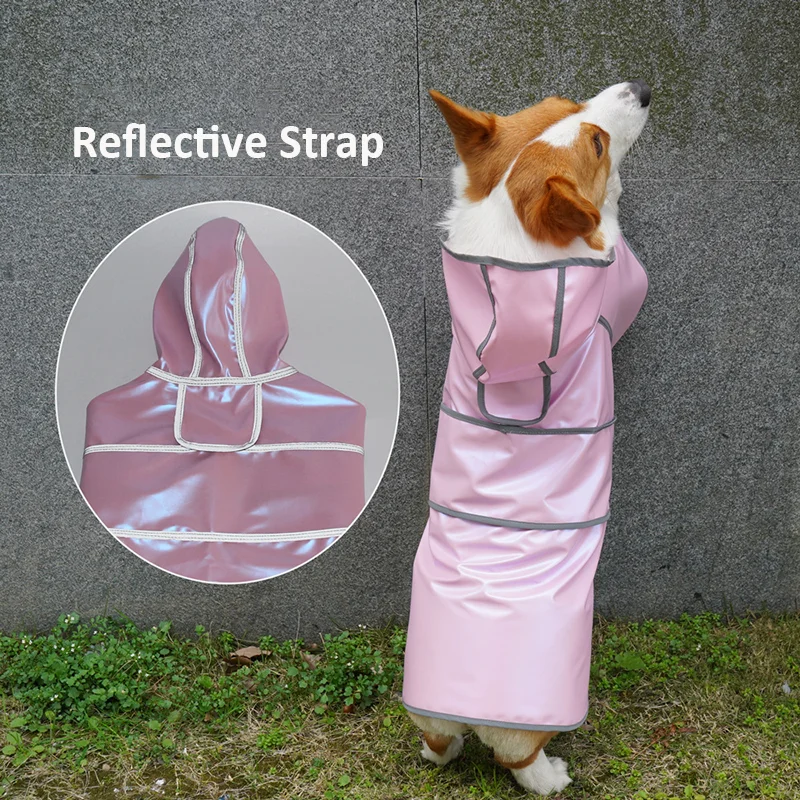 Reflective Strap Dog Raincoat Hooded Slicker Poncho for Small Medium Large Dogs PU Waterproof Raincoat Pink Outdoor