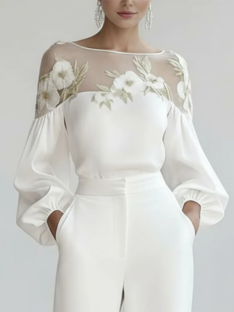 

Bonboho Women's Sheer Floral Embroidered Shirt Top 2026 Spring New Puff Sleeves Loose Fit Blouse Female Elegant T-shirt