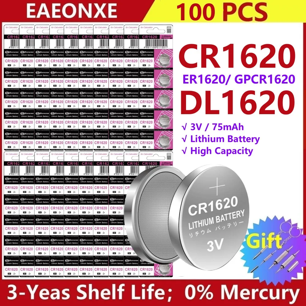 100pcs CR1620 Button Cell Battery 3V 1620 Lithium Battery for Watch Key Calculator Car Remote Toys etc