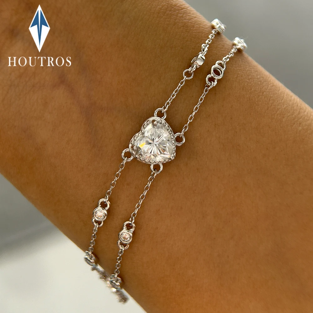 1.2Carat Heart Cut All Moissanite Bracelet for Women 925 Sterling Silver Adjustable Double Hand Chain Party Wedding Jewelry Gift