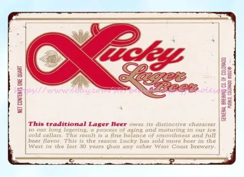 1970s Lucky Lager Beer General Brewing Co Pueblo Colorado metal tin sign