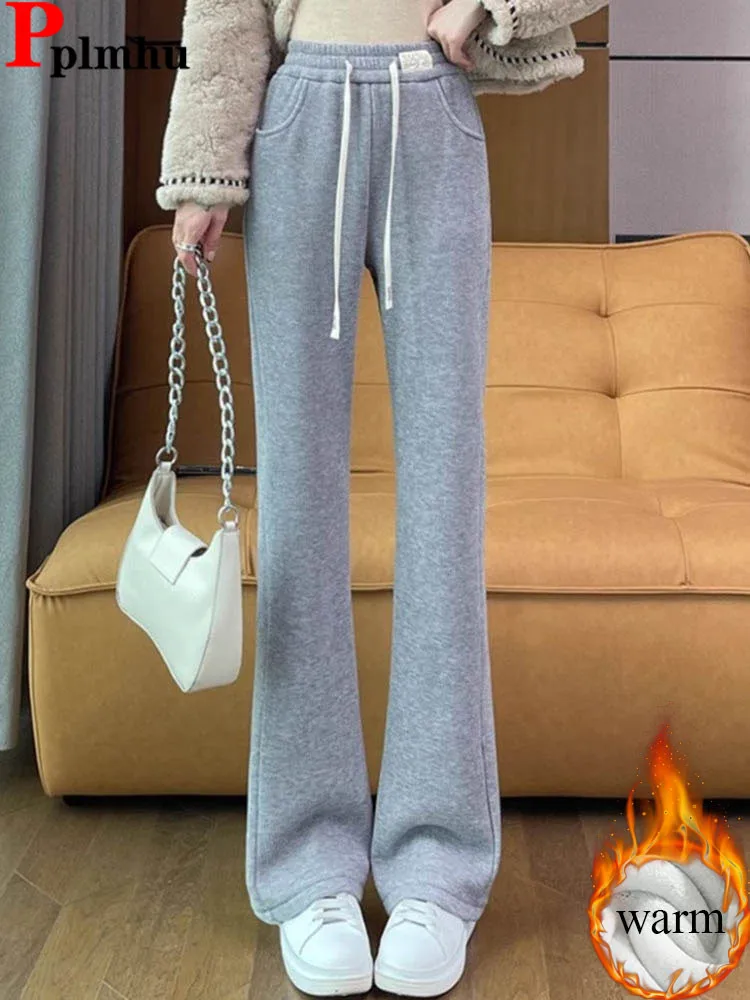 

Вельветовые тонкие утепленные брюки-клеш, женские повседневные эластичные спортивные штаны с высокой талией на бархатной подкладке, корейские зимние теплые брюки на шнуровке