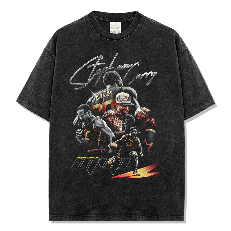 

Hip Hop Acid Washed Stephen Curry MVP T-Shirt Signature & Championship Print Tee Oversized Comfortable Men's Streetwear Top
